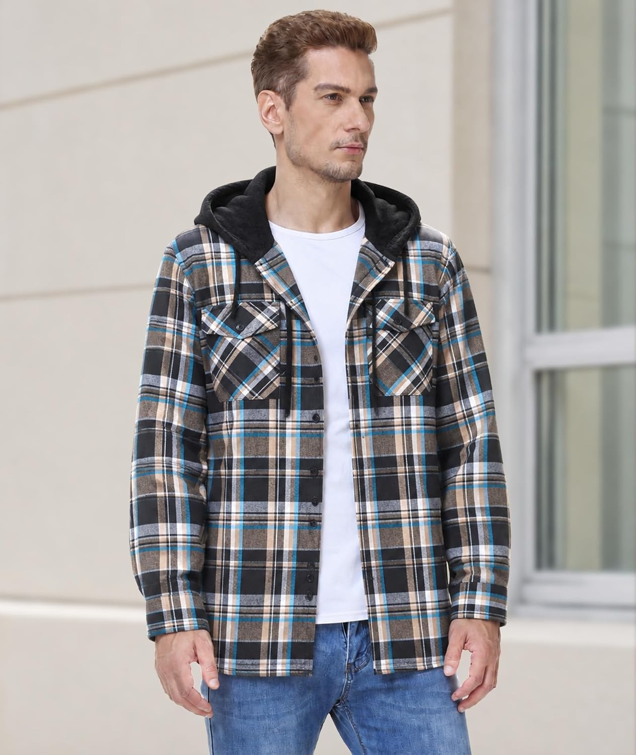 image:imageZITY 3 Pack Mens Flannel Hoodie Shirts Button Down Plaid Shirt Long SleeveDark Blue Beigedark Blue Brownlight Grey Grid