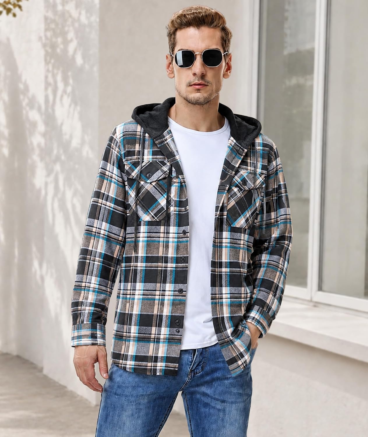 image:imageZITY 3 Pack Mens Flannel Hoodie Shirts Button Down Plaid Shirt Long SleeveDark Blue Beigedark Blue Brownlight Grey Grid