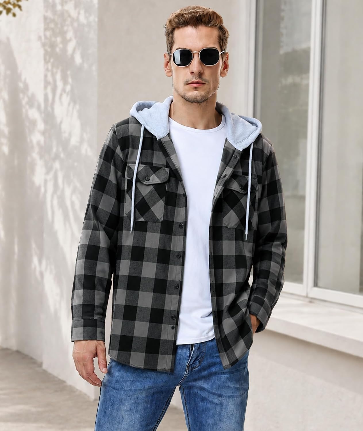 image:imageZITY 3 Pack Mens Flannel Hoodie Shirts Button Down Plaid Shirt Long SleeveDark Graybluered