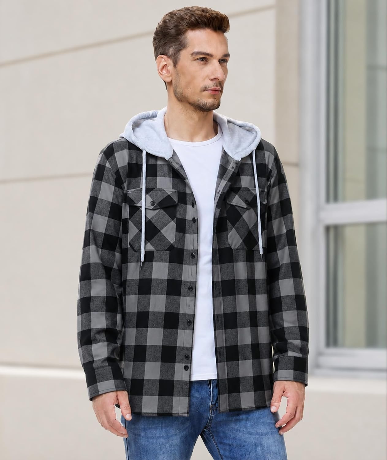 image:imageZITY 3 Pack Mens Flannel Hoodie Shirts Button Down Plaid Shirt Long SleeveDark Graybluered