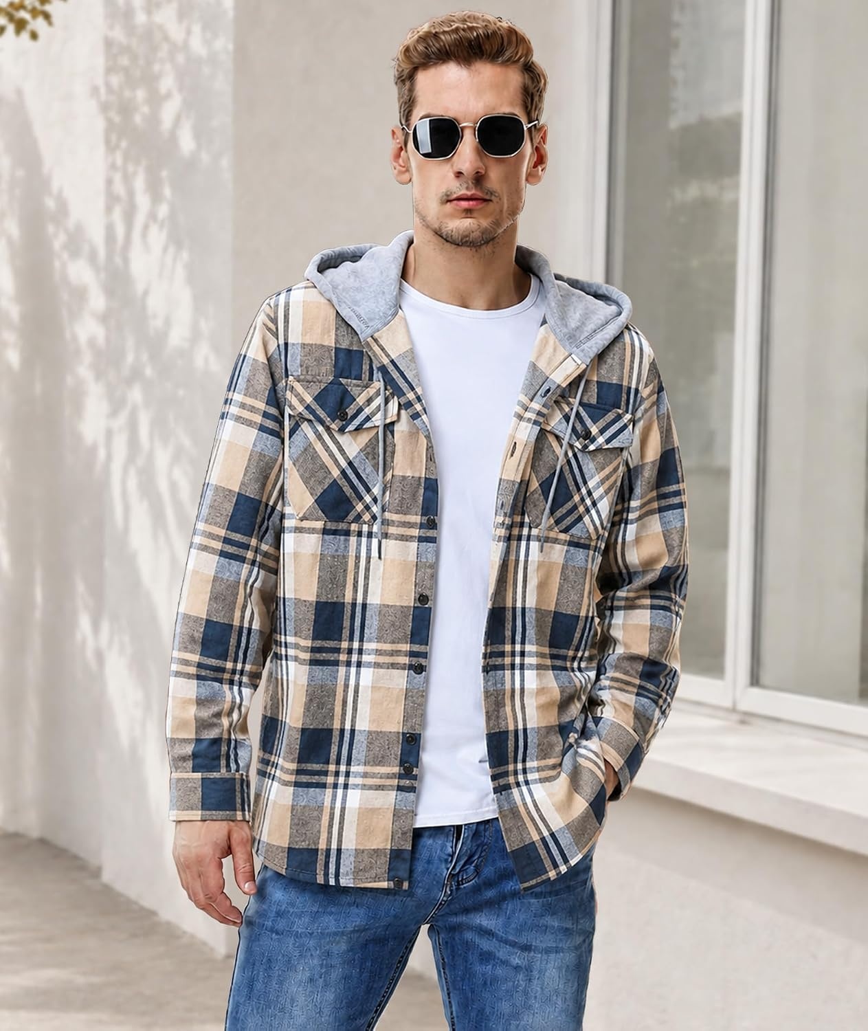 image:imageZITY 3 Pack Mens Flannel Hoodie Shirts Button Down Plaid Shirt Long SleeveDark Graydark Blue Beigenavy Blue