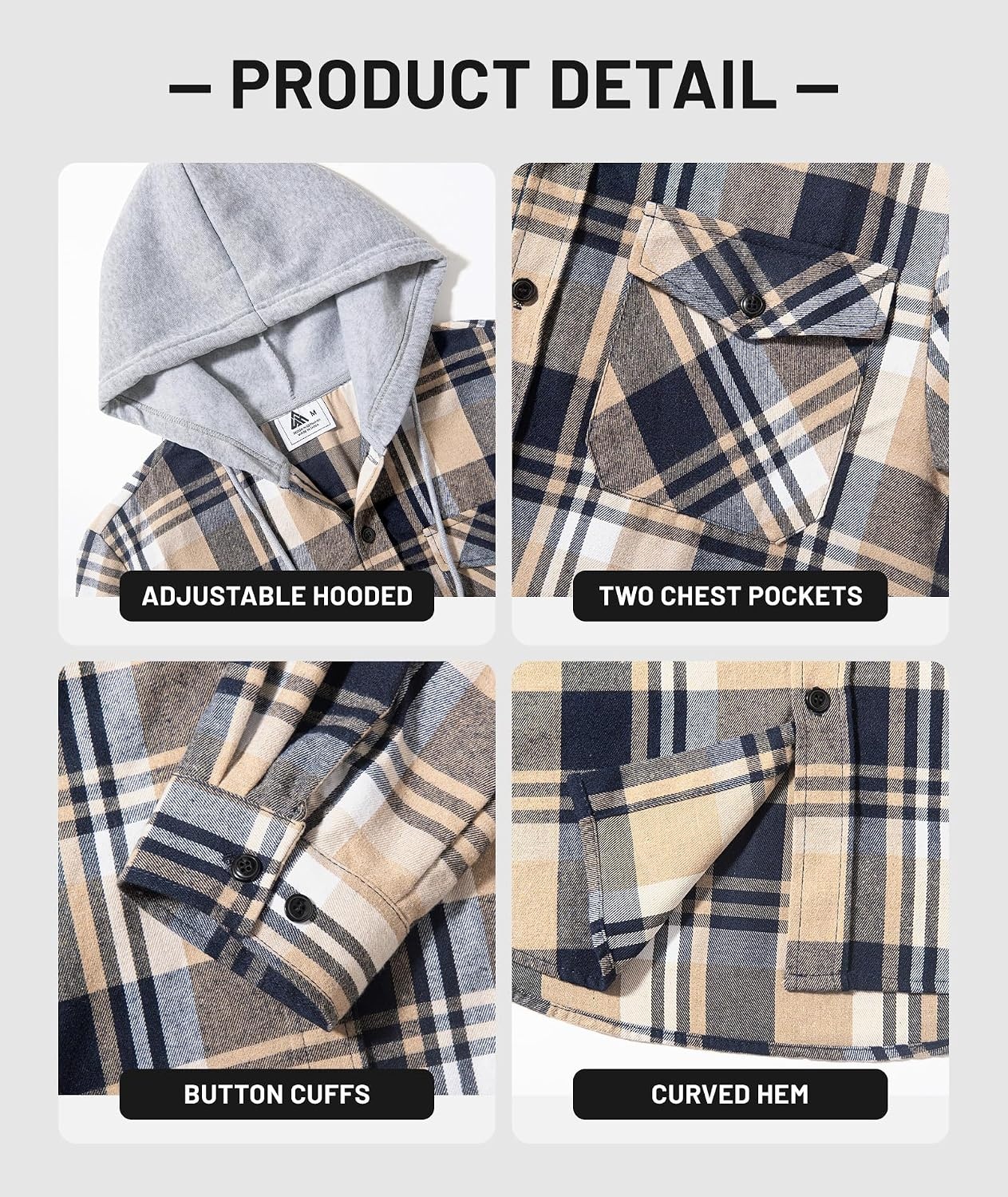 image:imageZITY 3 Pack Mens Flannel Hoodie Shirts Button Down Plaid Shirt Long SleeveDark Graydark Blue Beigenavy Blue