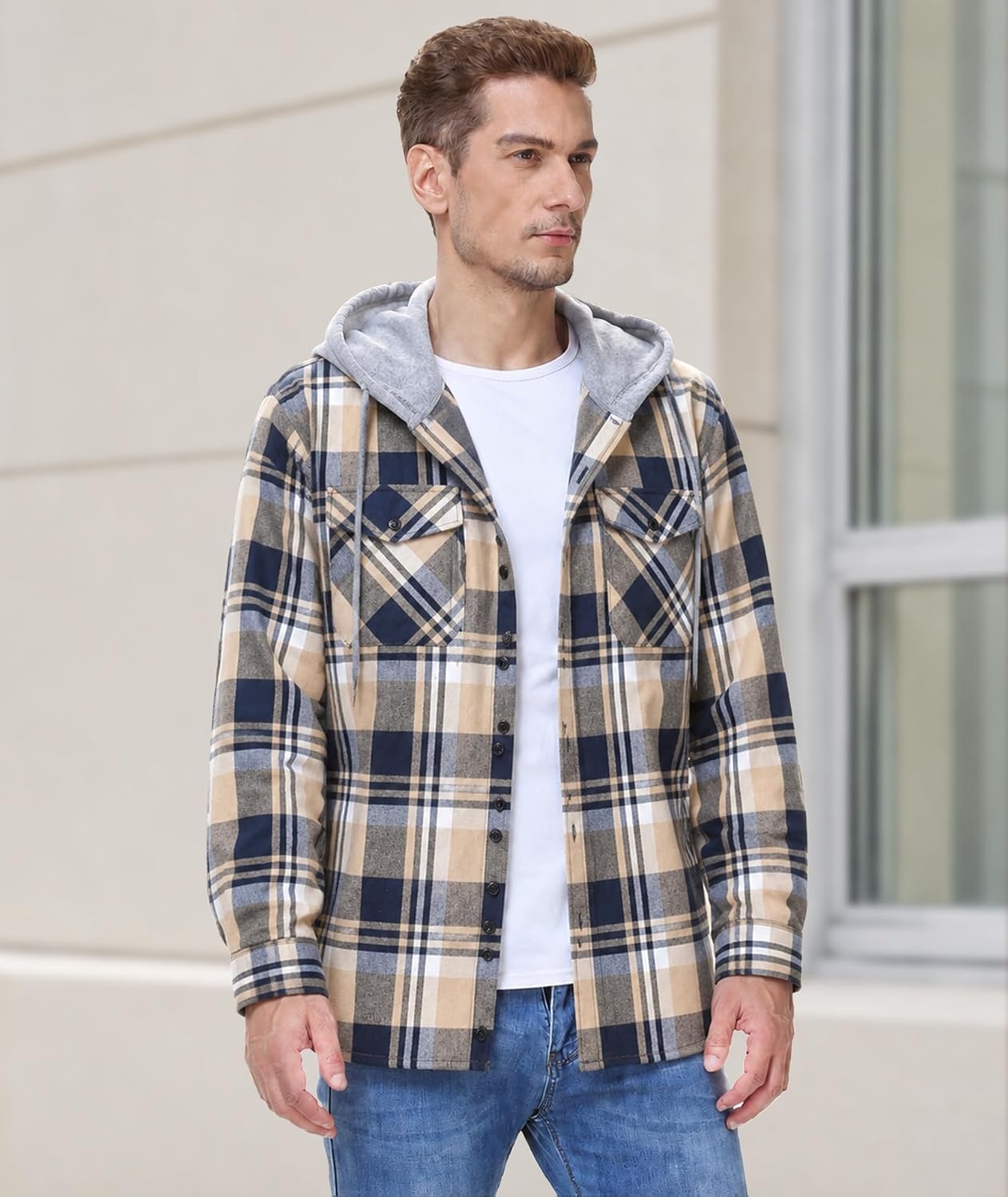 image:imageZITY 3 Pack Mens Flannel Hoodie Shirts Button Down Plaid Shirt Long SleeveDark Graydark Blue Beigenavy Blue