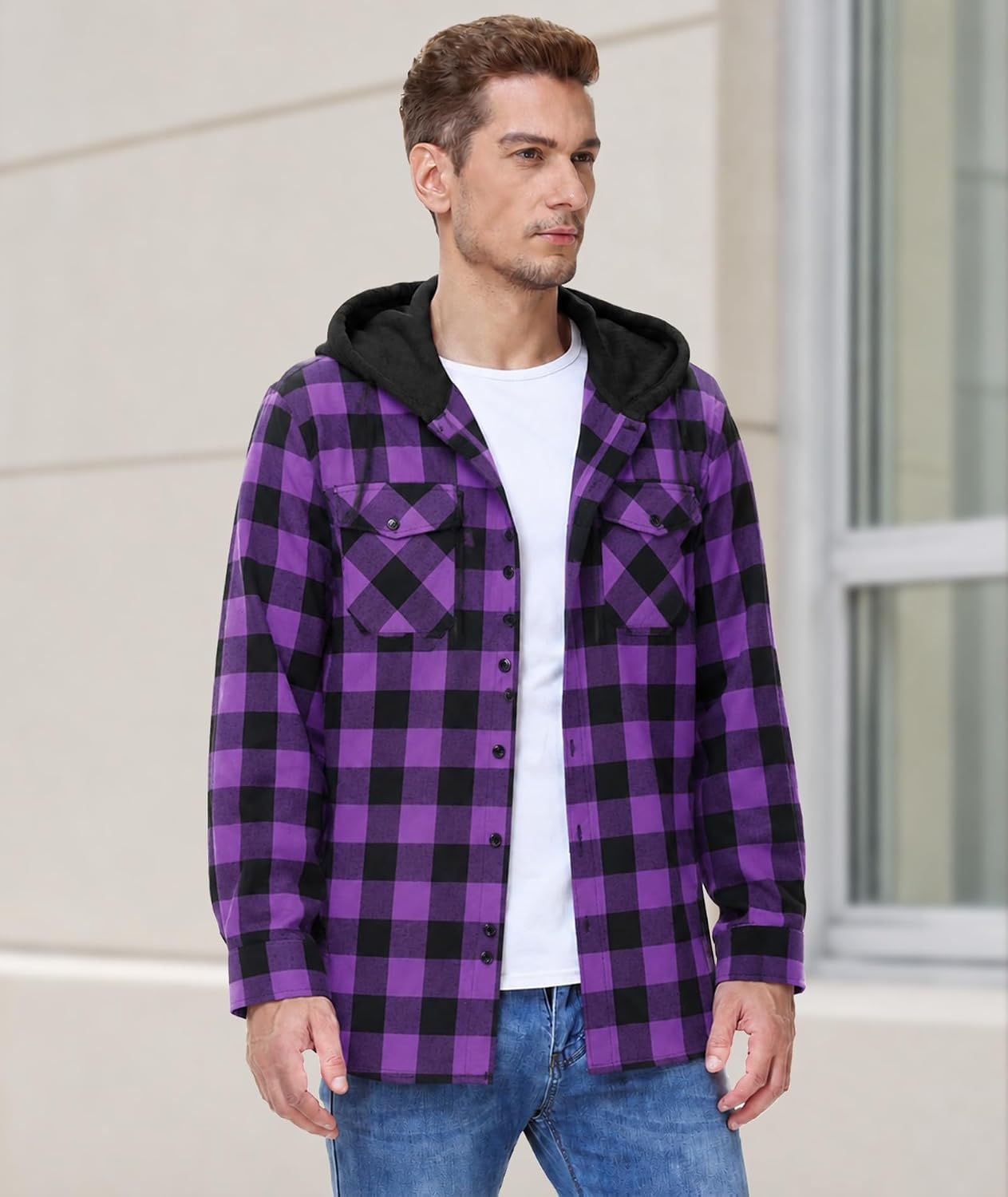 image:imageZITY 3 Pack Mens Flannel Hoodie Shirts Button Down Plaid Shirt Long SleeveOrangepurplenavy Blue
