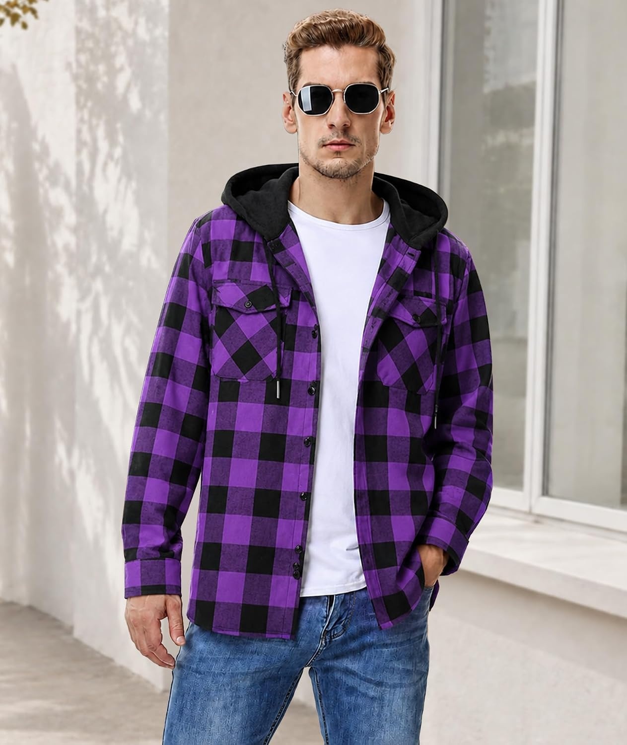 image:imageZITY 3 Pack Mens Flannel Hoodie Shirts Button Down Plaid Shirt Long SleeveOrangepurplenavy Blue