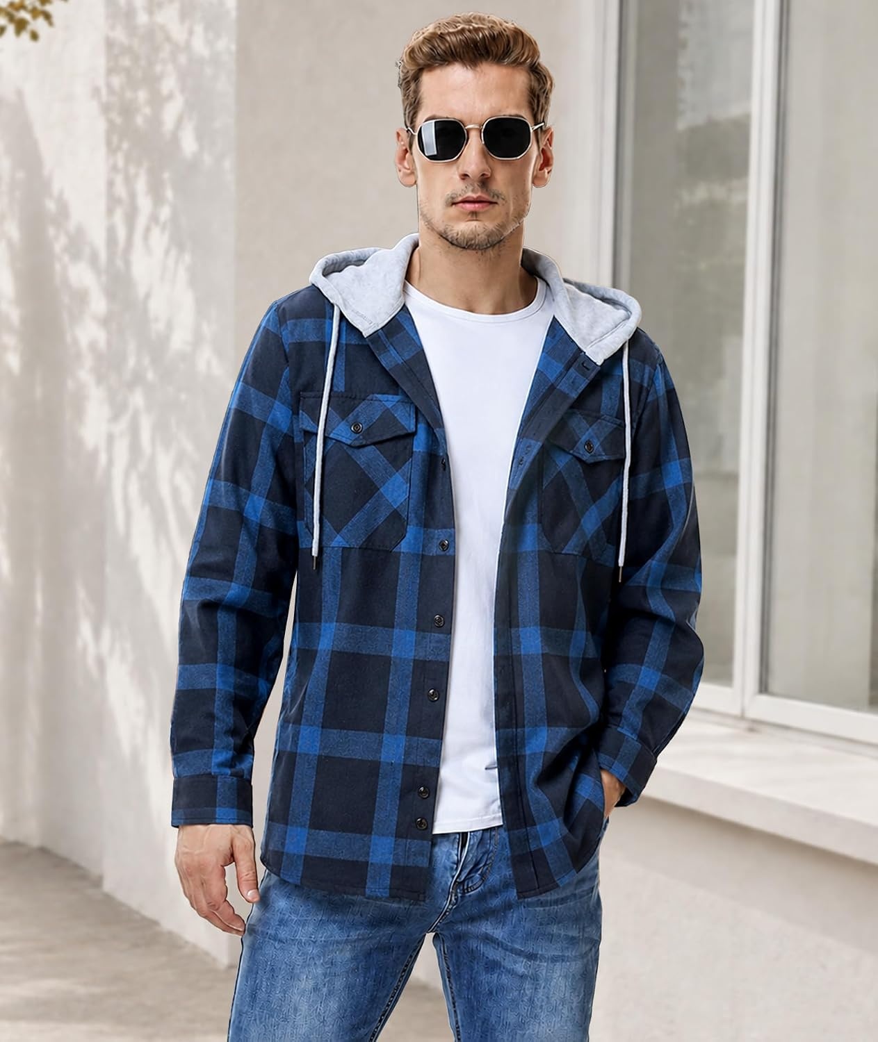 image:imageZITY 3 Pack Mens Flannel Hoodie Shirts Button Down Plaid Shirt Long SleeveRednavy Bluegreen