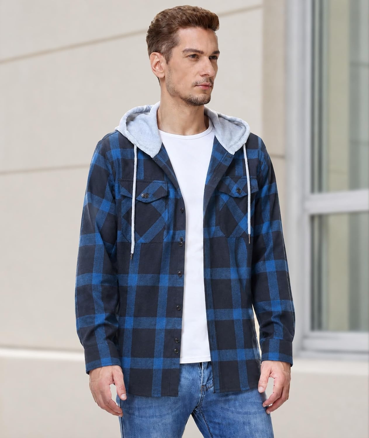 image:imageZITY 3 Pack Mens Flannel Hoodie Shirts Button Down Plaid Shirt Long SleeveRednavy Bluegreen