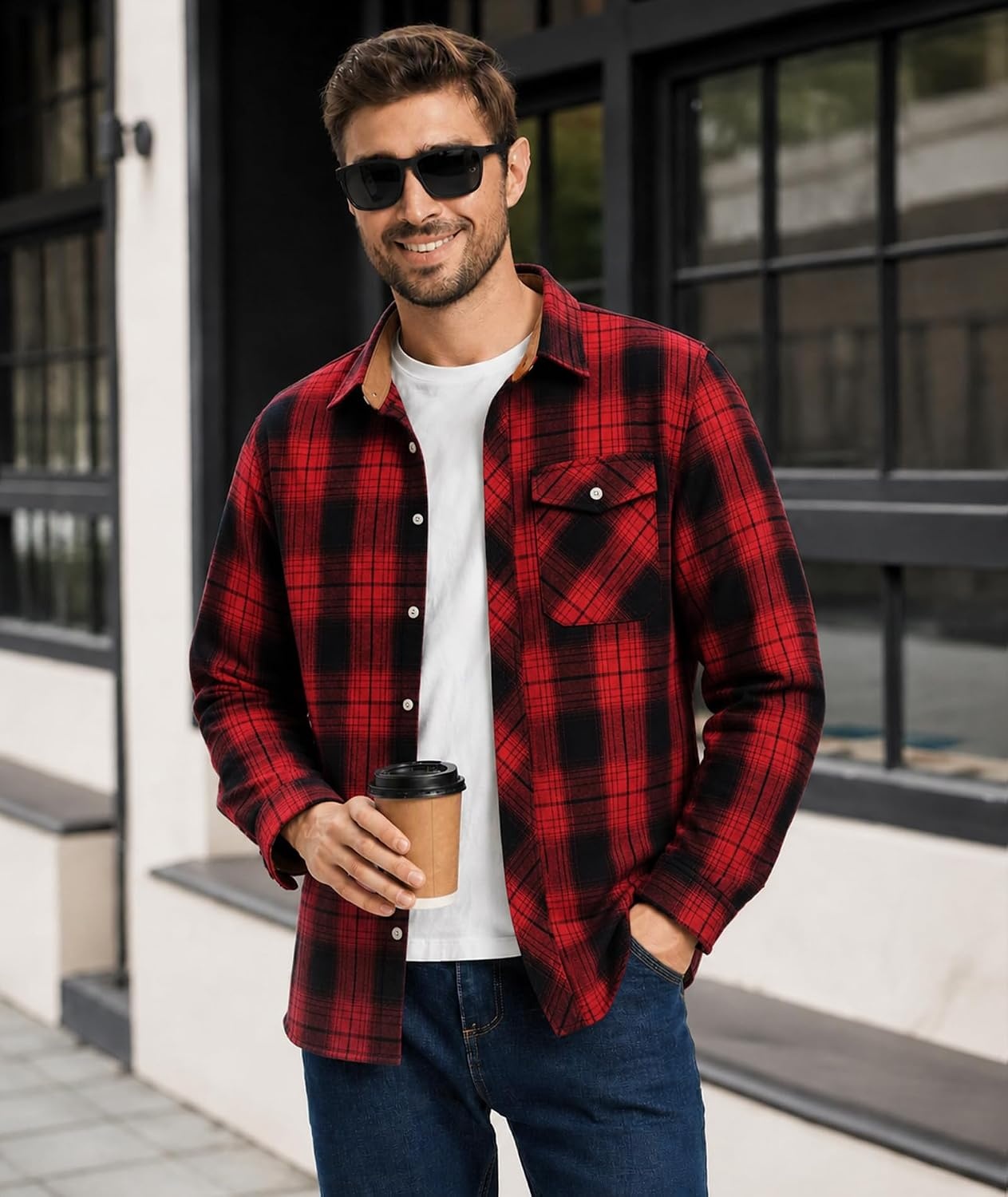 image:imageZITY 5 Pack Mens Flannel Shirt Long Sleeve Button Down Plaid ShirtsBlack Red Griddark Grayorangebluegreen