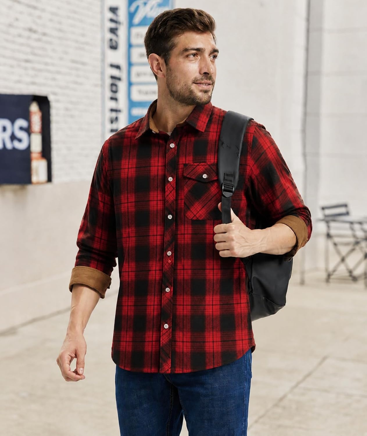 image:imageZITY 5 Pack Mens Flannel Shirt Long Sleeve Button Down Plaid ShirtsBlack Red Griddark Grayorangebluegreen