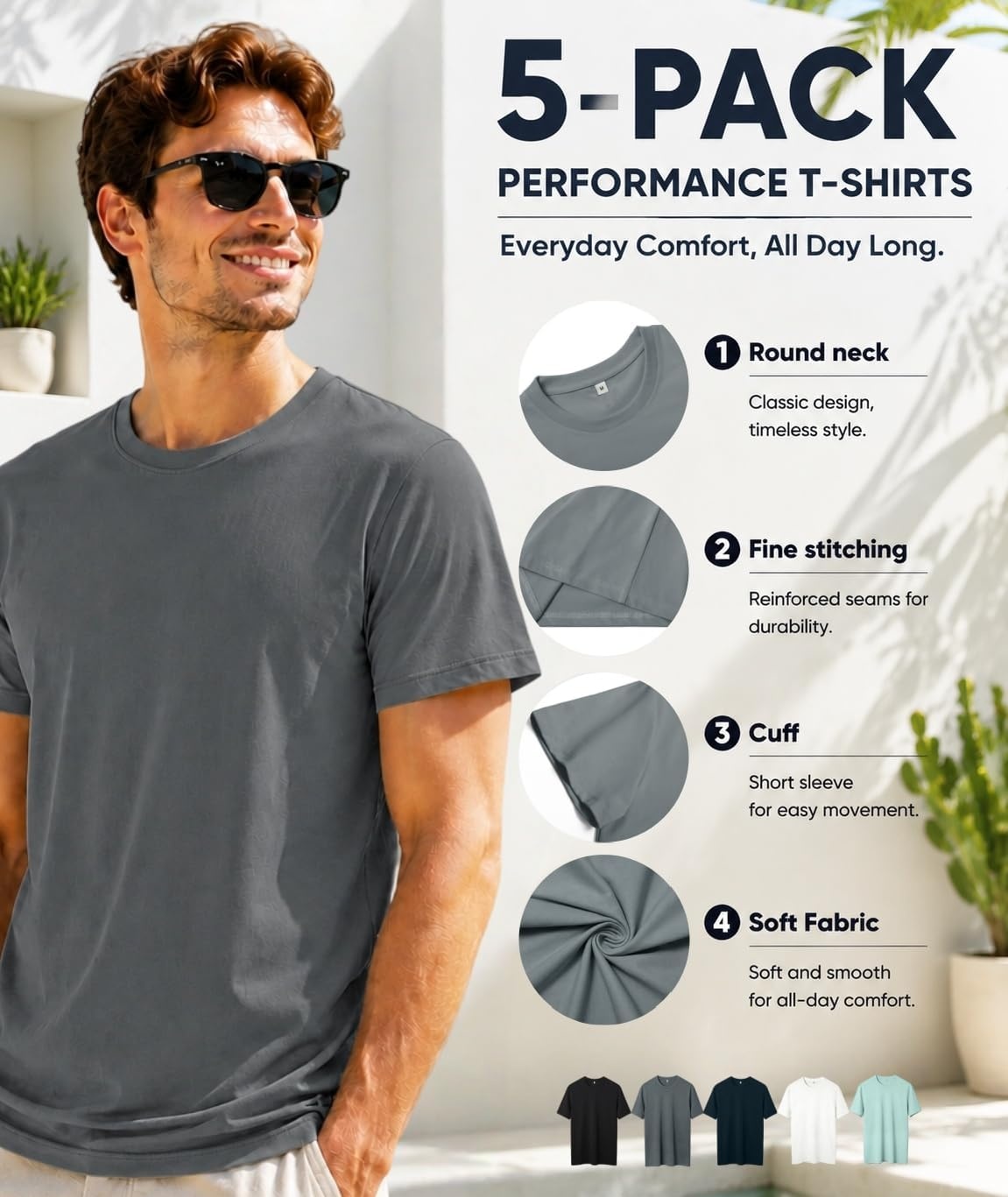 image:imageZITY 5 Pack Mens TShirts Crew Neck Plain Basic T Shirts for Men Short Sleeve Soft Casual Shirts Summer TeesBlack Dark Grey Navy White Haze Blue