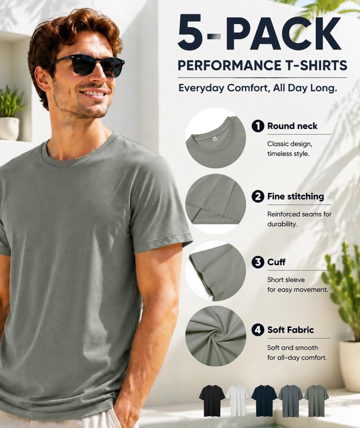 image:imageZITY 5 Pack Mens TShirts Crew Neck Plain Basic T Shirts for Men Short Sleeve Soft Casual Shirts Summer TeesBlack Light Grey Navy Dark Grey Grey Green