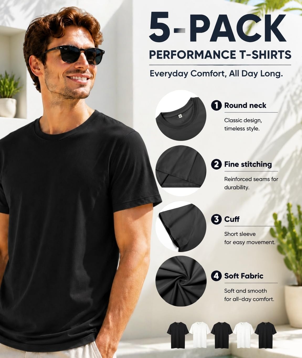 image:imageZITY 5 Pack Mens TShirts Crew Neck Plain Basic T Shirts for Men Short Sleeve Soft Casual Shirts Summer TeesBlack3 White2