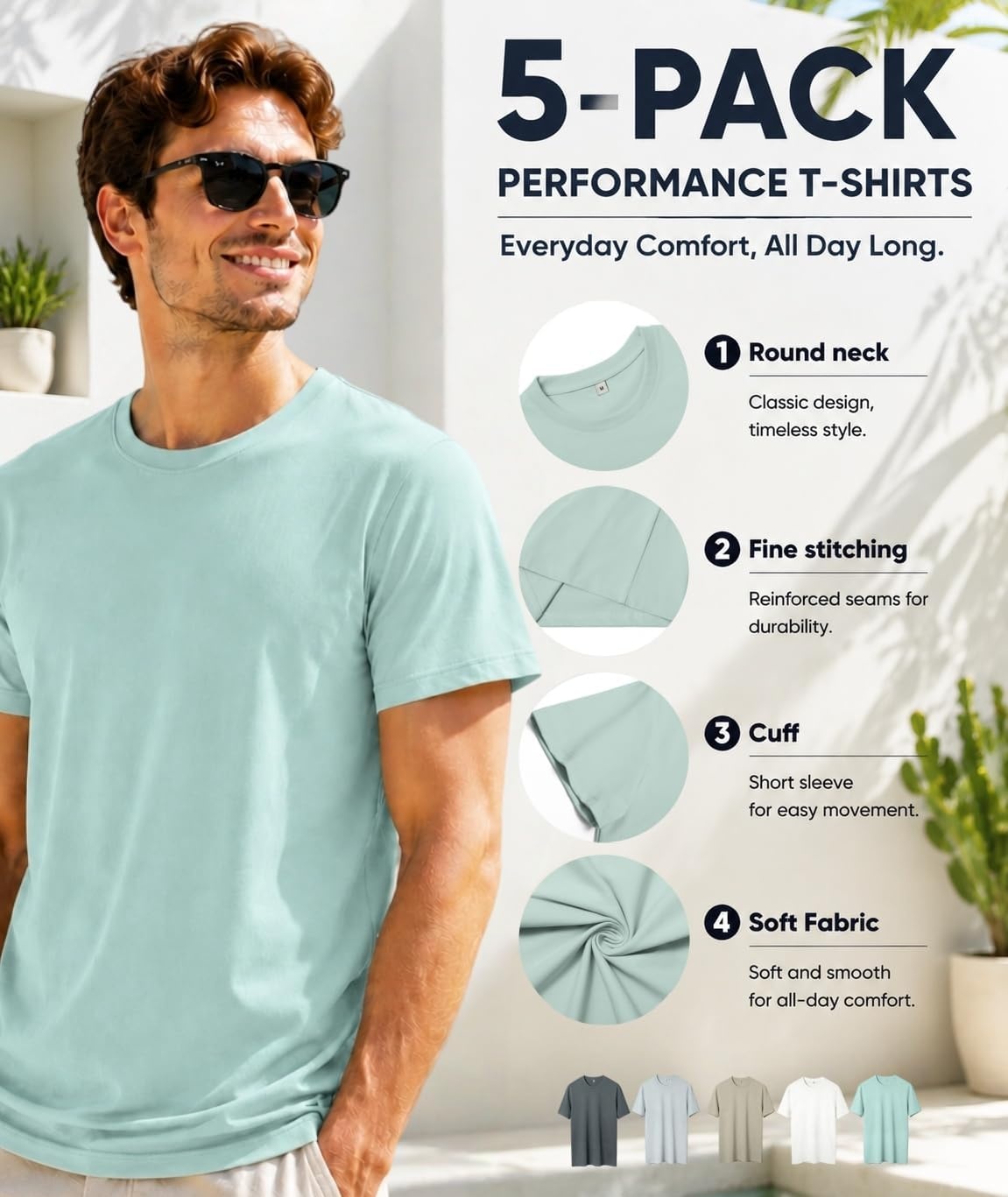 image:imageZITY 5 Pack Mens TShirts Crew Neck Plain Basic T Shirts for Men Short Sleeve Soft Casual Shirts Summer TeesDark Grey Grey Light Khaki White Haze Blue