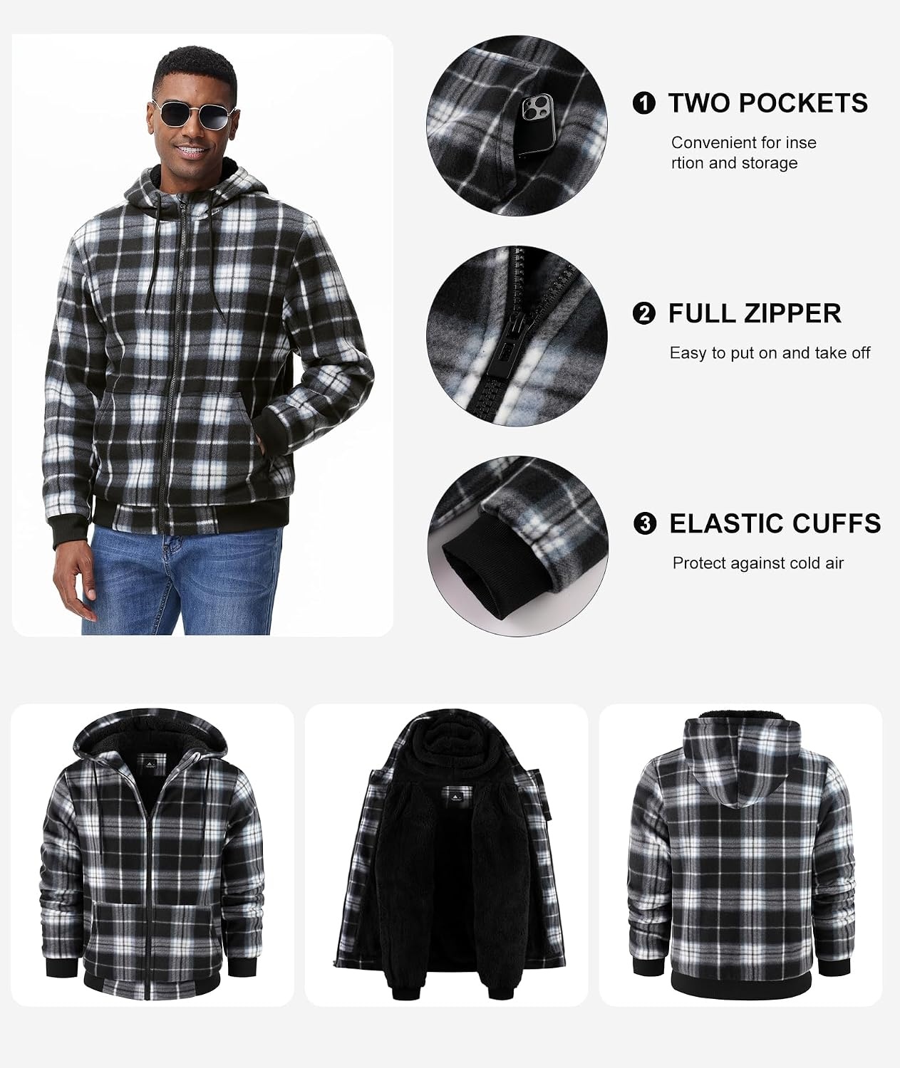 image:imageZITY Hoodies for Men Flannel Fleece Sweatshirt Plaid Full Zip Up Jacket Sherpa Lined Winter Warm CoatBlack