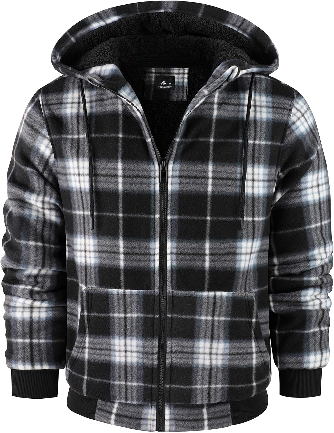 image:imageZITY Hoodies for Men Flannel Fleece Sweatshirt Plaid Full Zip Up Jacket Sherpa Lined Winter Warm CoatBlack