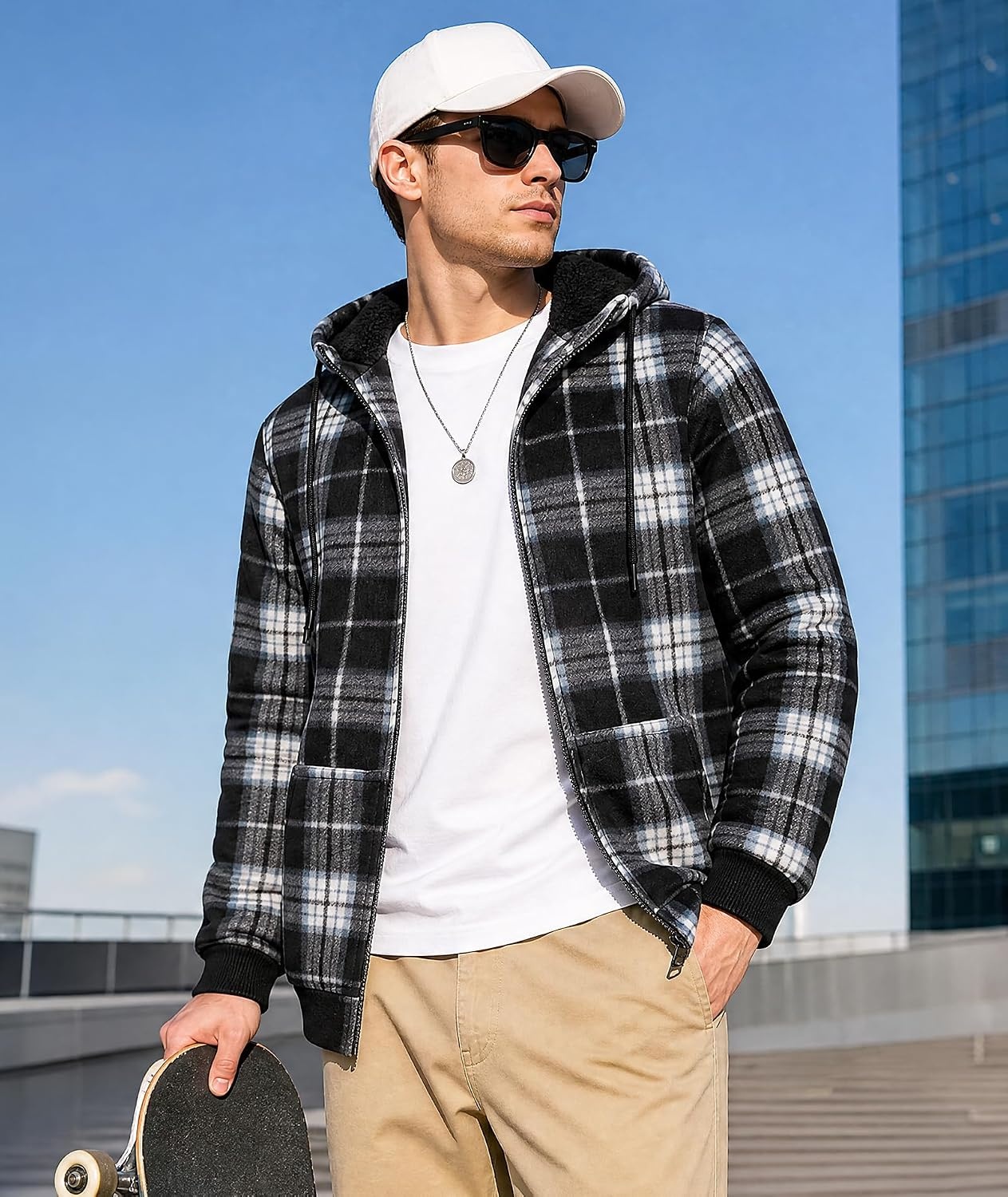 image:imageZITY Hoodies for Men Flannel Fleece Sweatshirt Plaid Full Zip Up Jacket Sherpa Lined Winter Warm CoatBlack