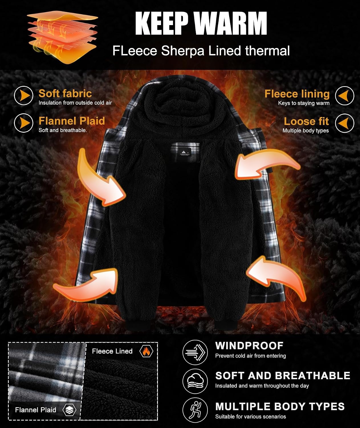 image:imageZITY Hoodies for Men Flannel Fleece Sweatshirt Plaid Full Zip Up Jacket Sherpa Lined Winter Warm CoatBlack