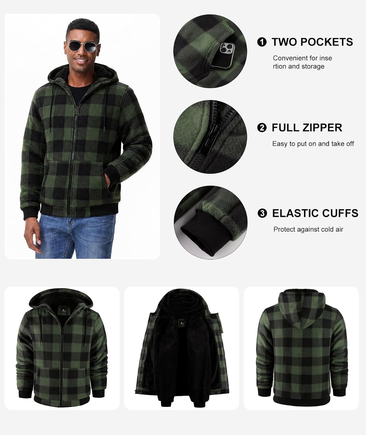 image:imageZITY Hoodies for Men Flannel Fleece Sweatshirt Plaid Full Zip Up Jacket Sherpa Lined Winter Warm CoatGreen