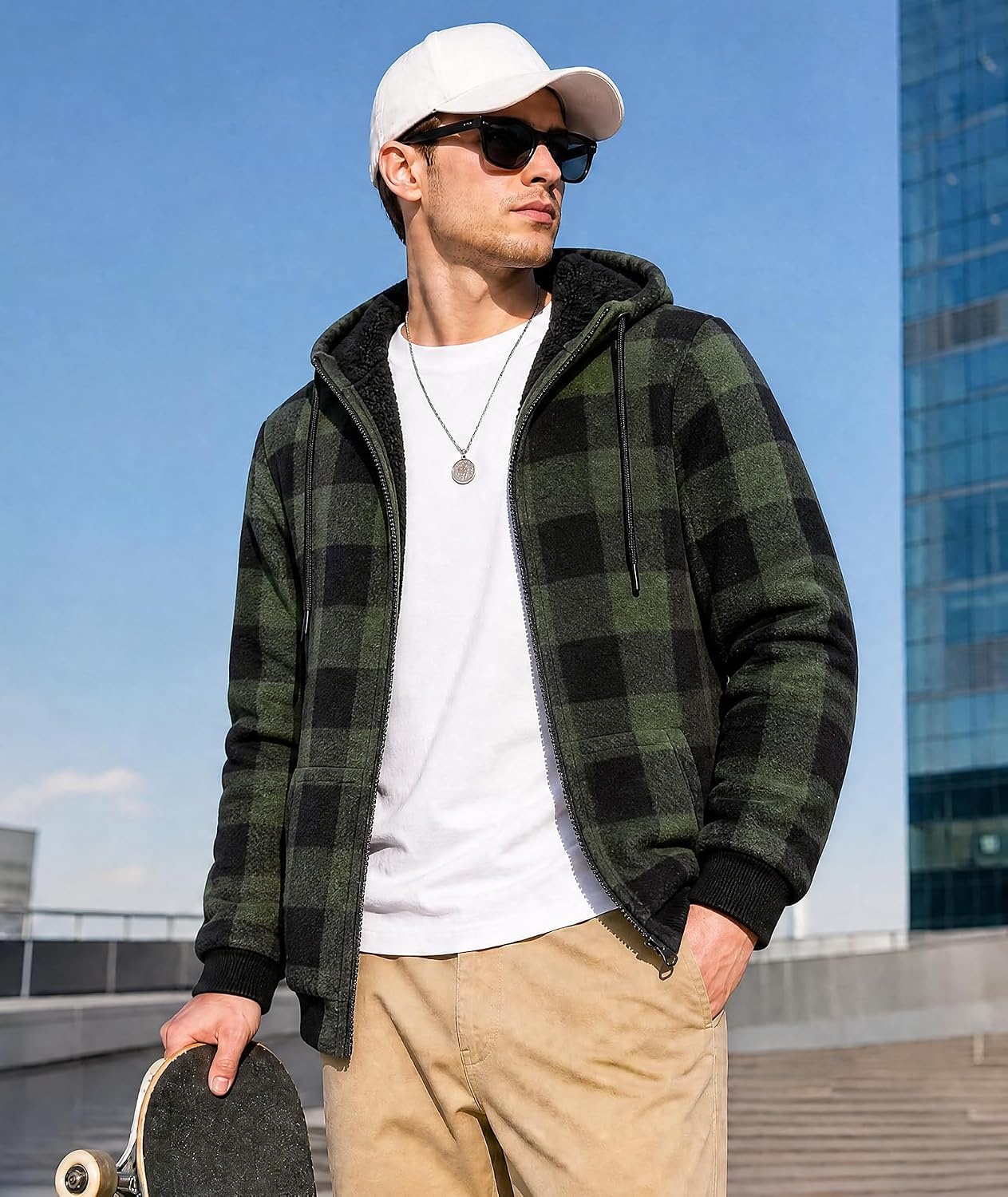 image:imageZITY Hoodies for Men Flannel Fleece Sweatshirt Plaid Full Zip Up Jacket Sherpa Lined Winter Warm CoatGreen