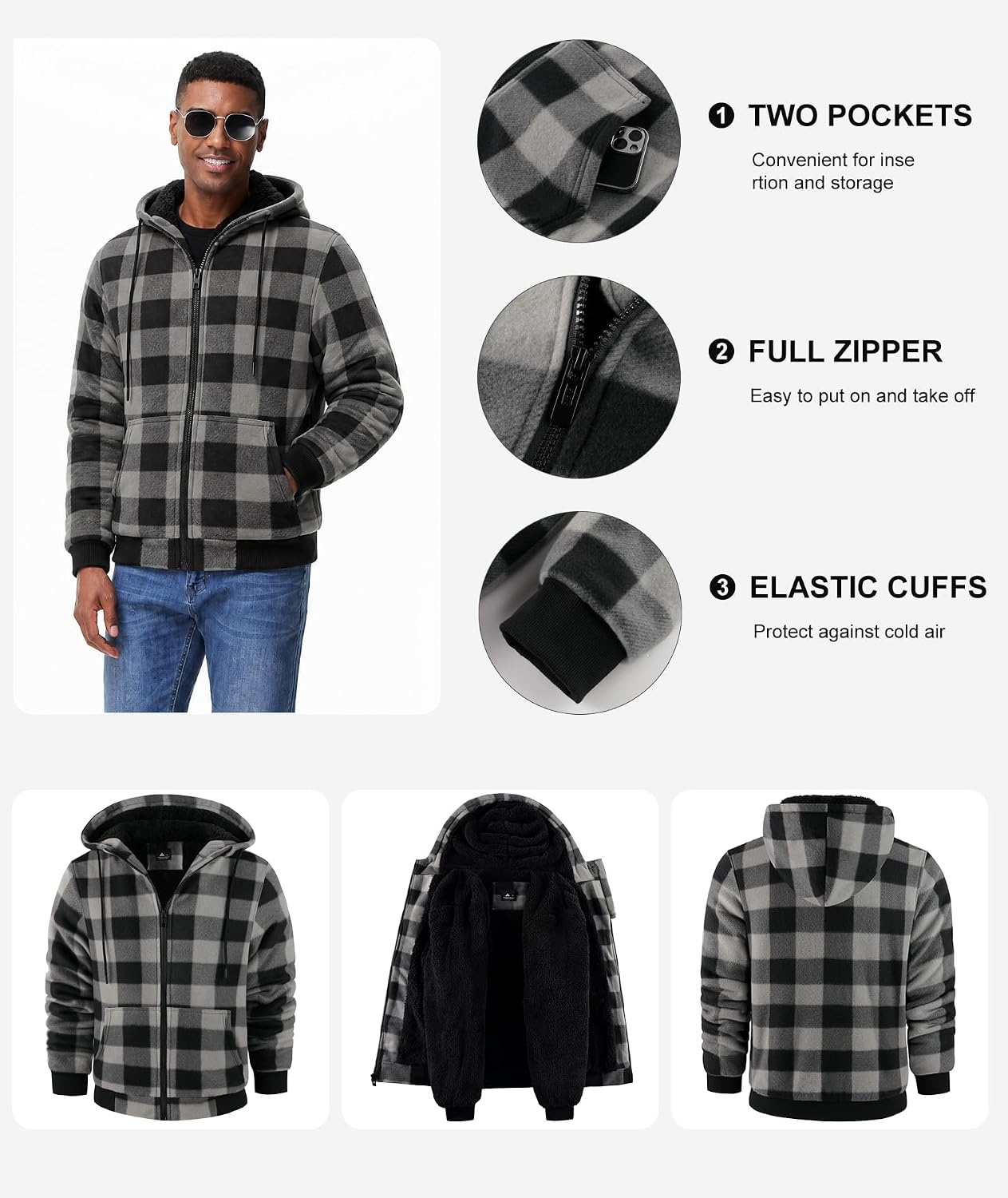 image:imageZITY Hoodies for Men Flannel Fleece Sweatshirt Plaid Full Zip Up Jacket Sherpa Lined Winter Warm CoatGrey