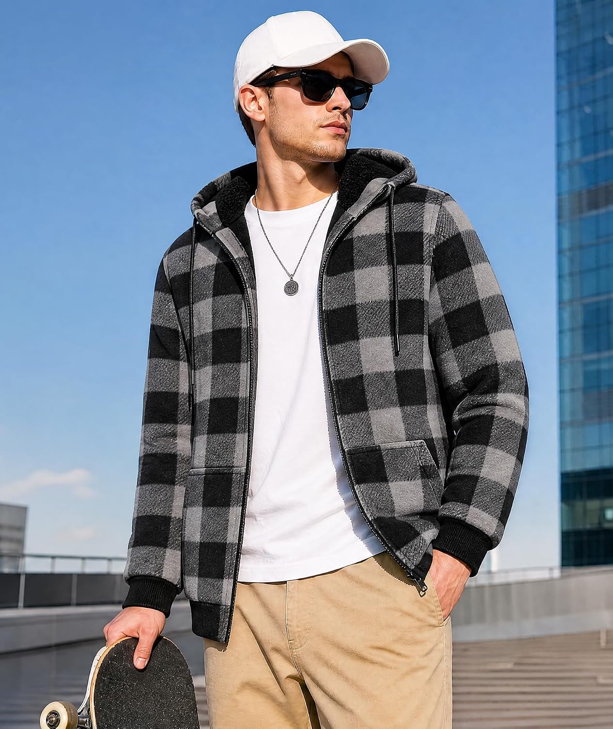 image:imageZITY Hoodies for Men Flannel Fleece Sweatshirt Plaid Full Zip Up Jacket Sherpa Lined Winter Warm CoatGrey