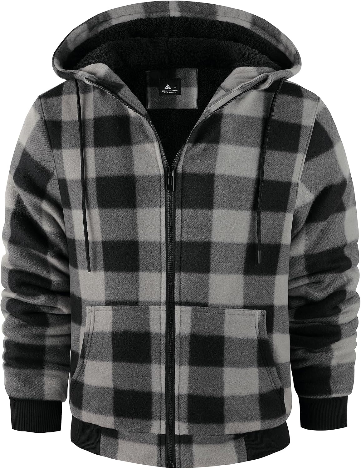 image:imageZITY Hoodies for Men Flannel Fleece Sweatshirt Plaid Full Zip Up Jacket Sherpa Lined Winter Warm CoatGrey