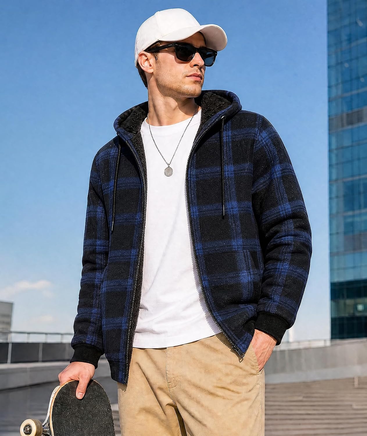 image:imageZITY Hoodies for Men Flannel Fleece Sweatshirt Plaid Full Zip Up Jacket Sherpa Lined Winter Warm CoatNavy
