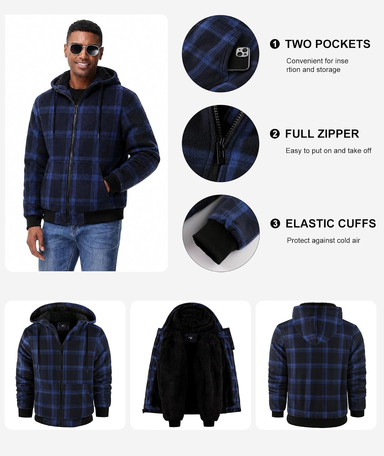 image:imageZITY Hoodies for Men Flannel Fleece Sweatshirt Plaid Full Zip Up Jacket Sherpa Lined Winter Warm CoatNavy