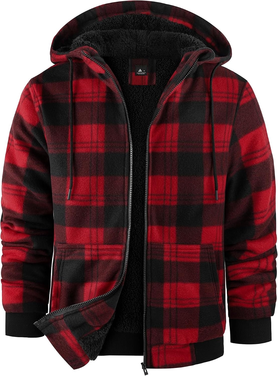 image:imageZITY Hoodies for Men Flannel Fleece Sweatshirt Plaid Full Zip Up Jacket Sherpa Lined Winter Warm CoatRed