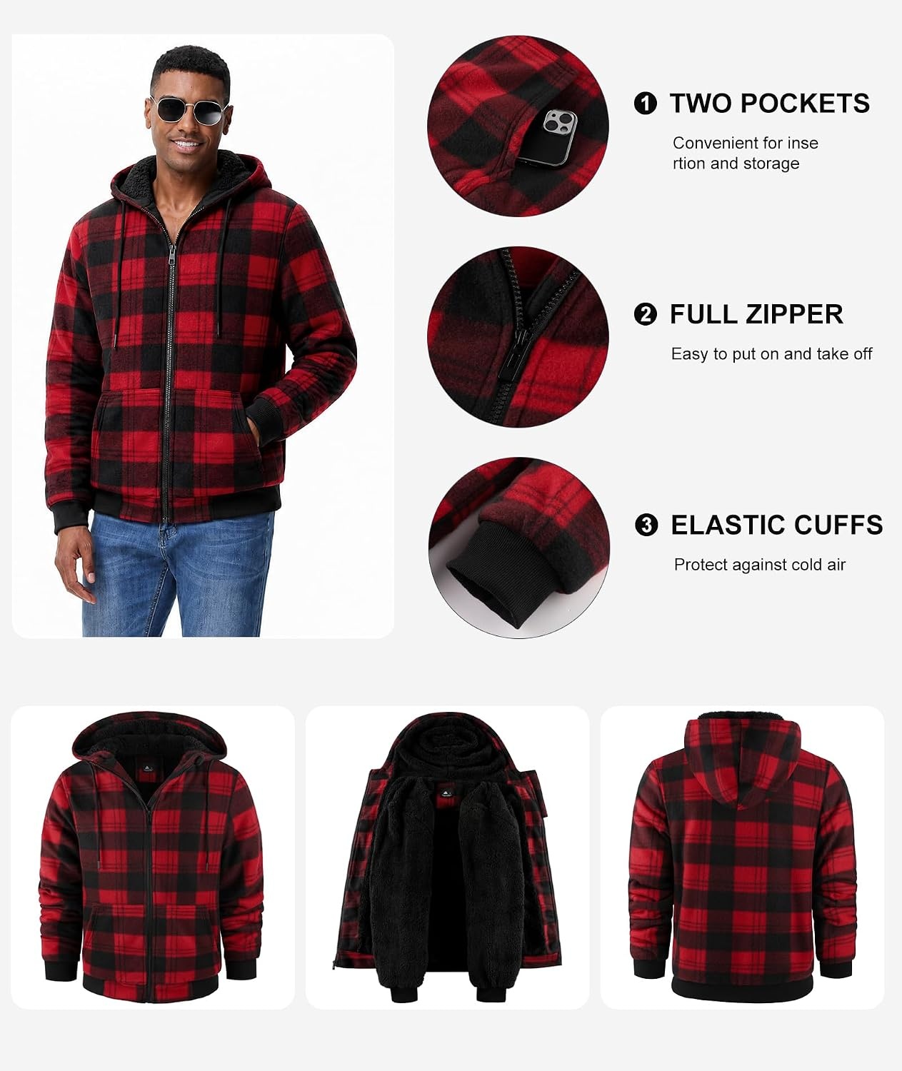 image:imageZITY Hoodies for Men Flannel Fleece Sweatshirt Plaid Full Zip Up Jacket Sherpa Lined Winter Warm CoatRed
