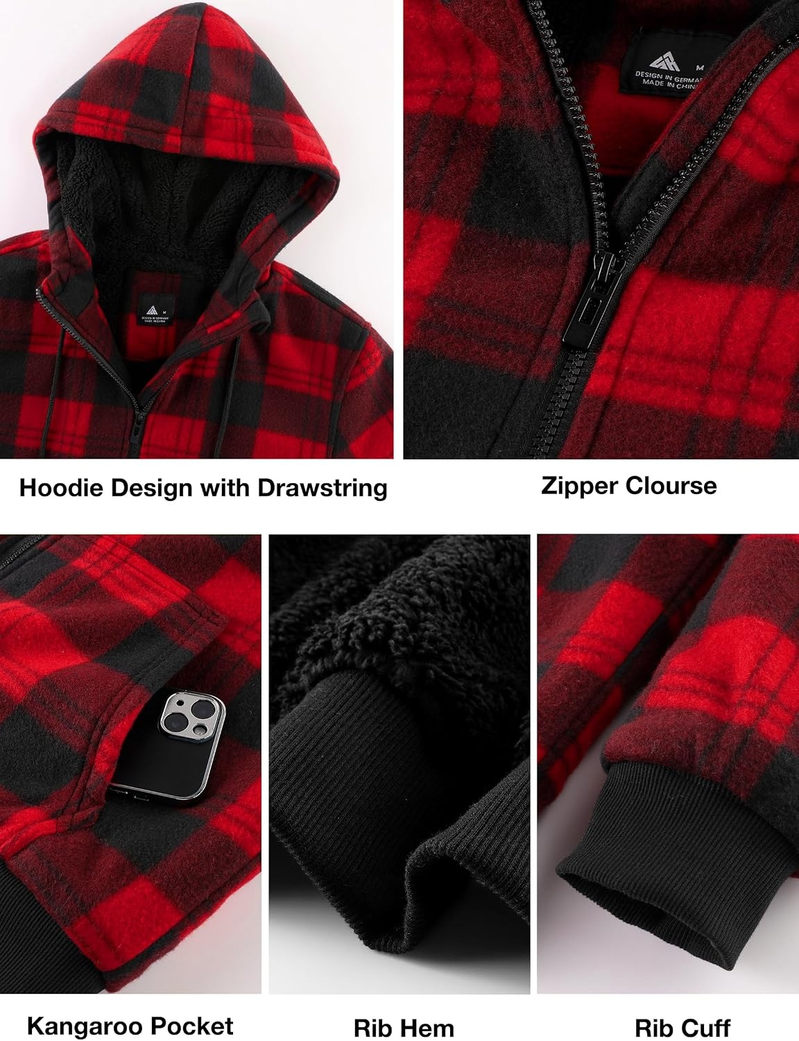 image:imageZITY Hoodies for Men Flannel Fleece Sweatshirt Plaid Zip Sherpa Lined CoatBlack Red