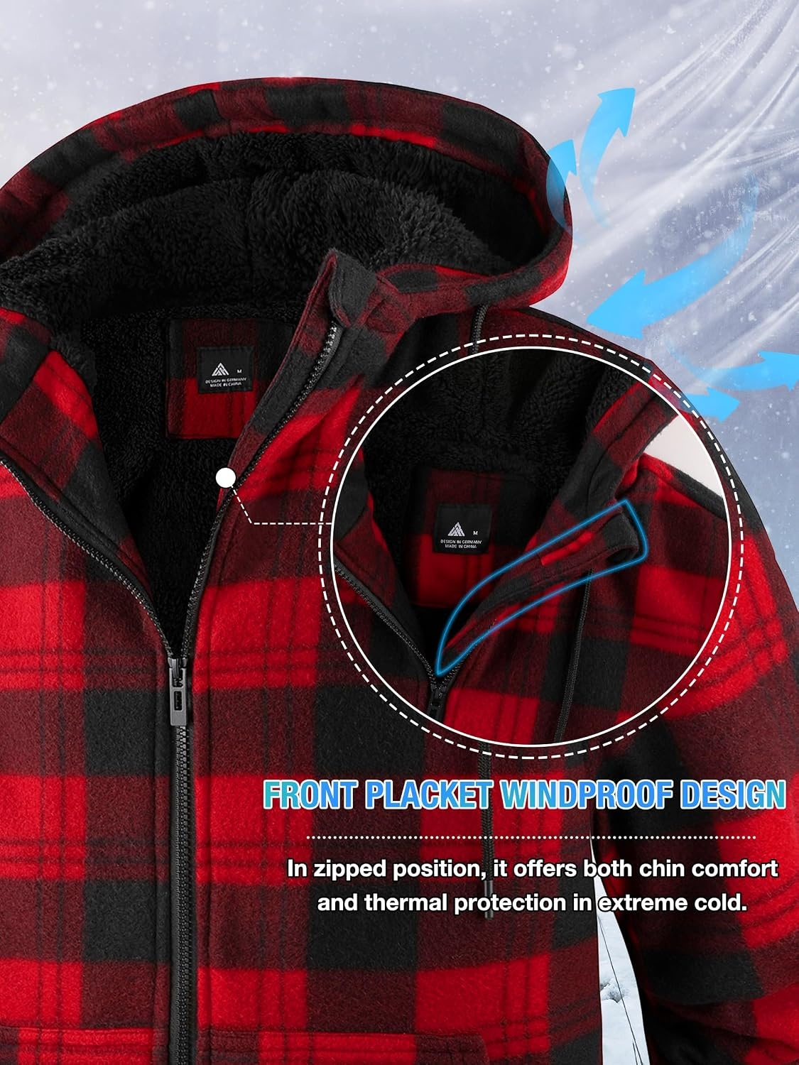 image:imageZITY Hoodies for Men Flannel Fleece Sweatshirt Plaid Zip Sherpa Lined CoatBlack Red