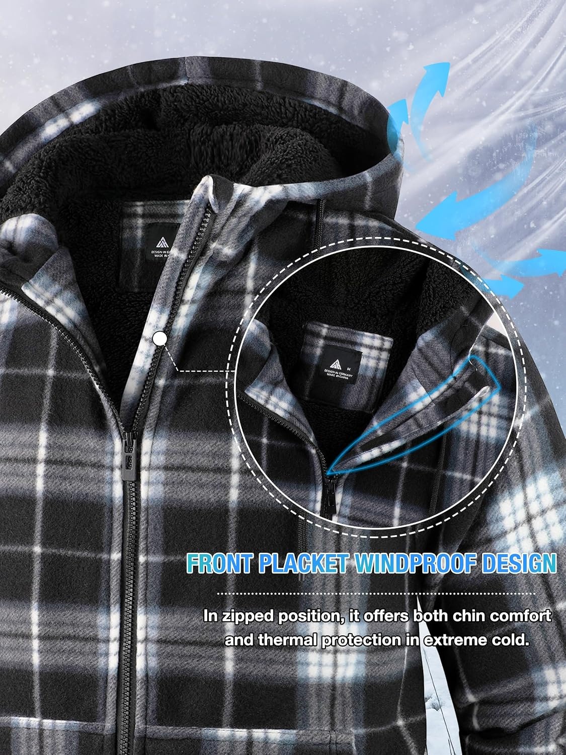 image:imageZITY Hoodies for Men Flannel Fleece Sweatshirt Plaid Zip Sherpa Lined CoatBlack White