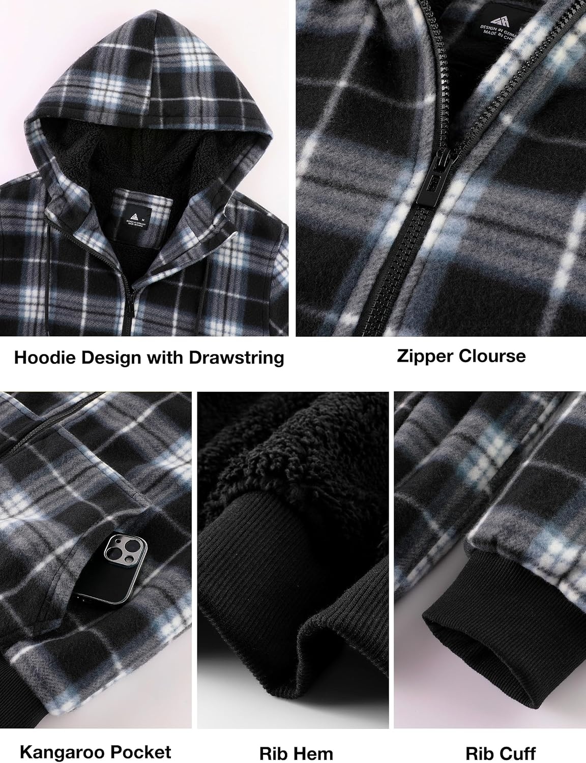 image:imageZITY Hoodies for Men Flannel Fleece Sweatshirt Plaid Zip Sherpa Lined CoatBlack White