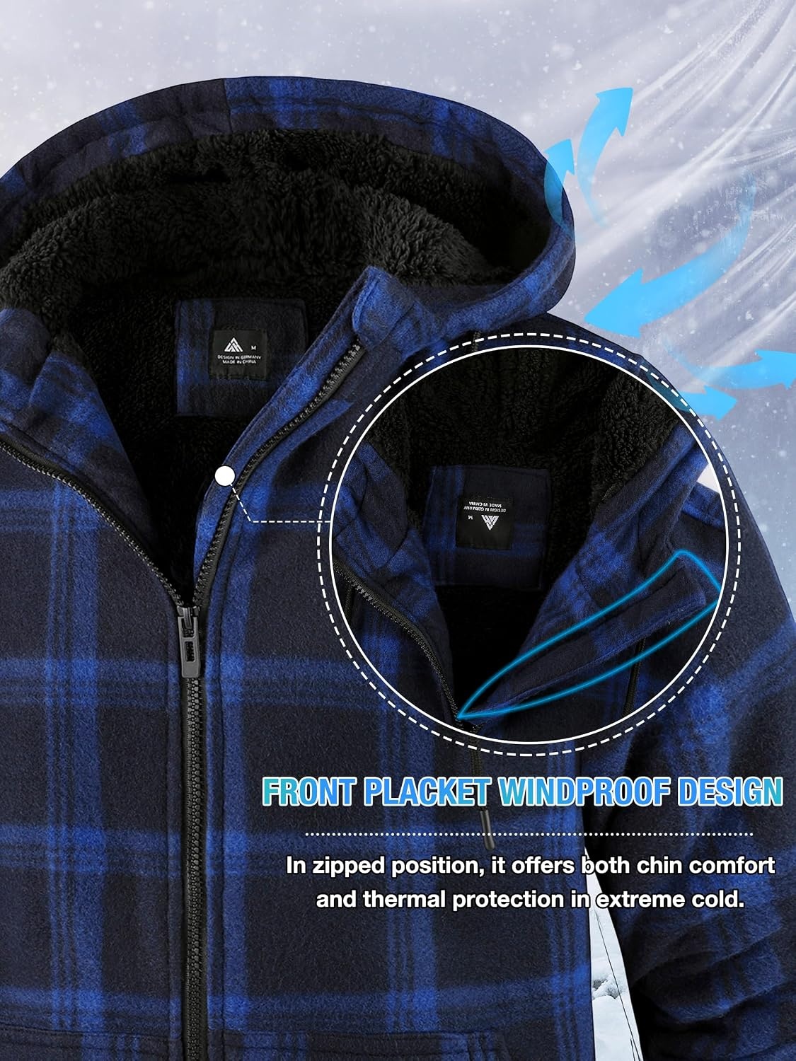 image:imageZITY Hoodies for Men Flannel Fleece Sweatshirt Plaid Zip Sherpa Lined CoatBlue Navy