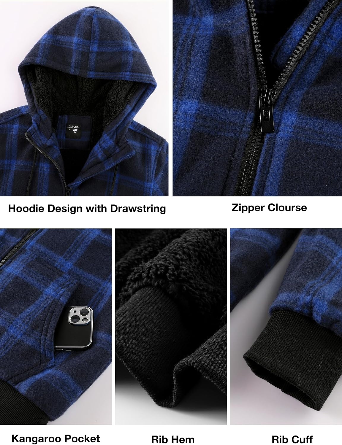 image:imageZITY Hoodies for Men Flannel Fleece Sweatshirt Plaid Zip Sherpa Lined CoatBlue Navy