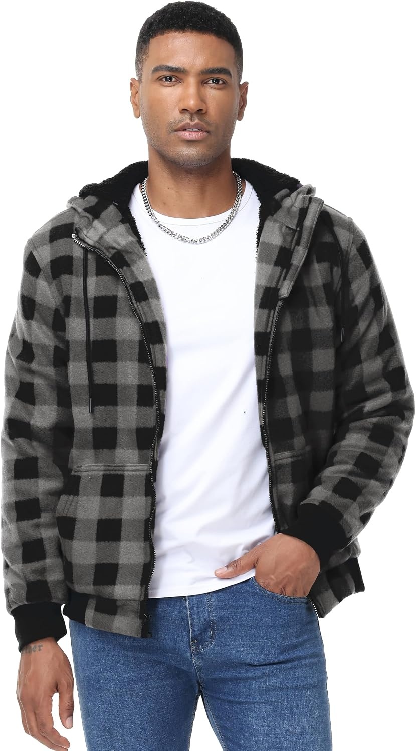 image:imageZITY Hoodies for Men Flannel Fleece Sweatshirt Plaid Zip Sherpa Lined CoatDark Gray