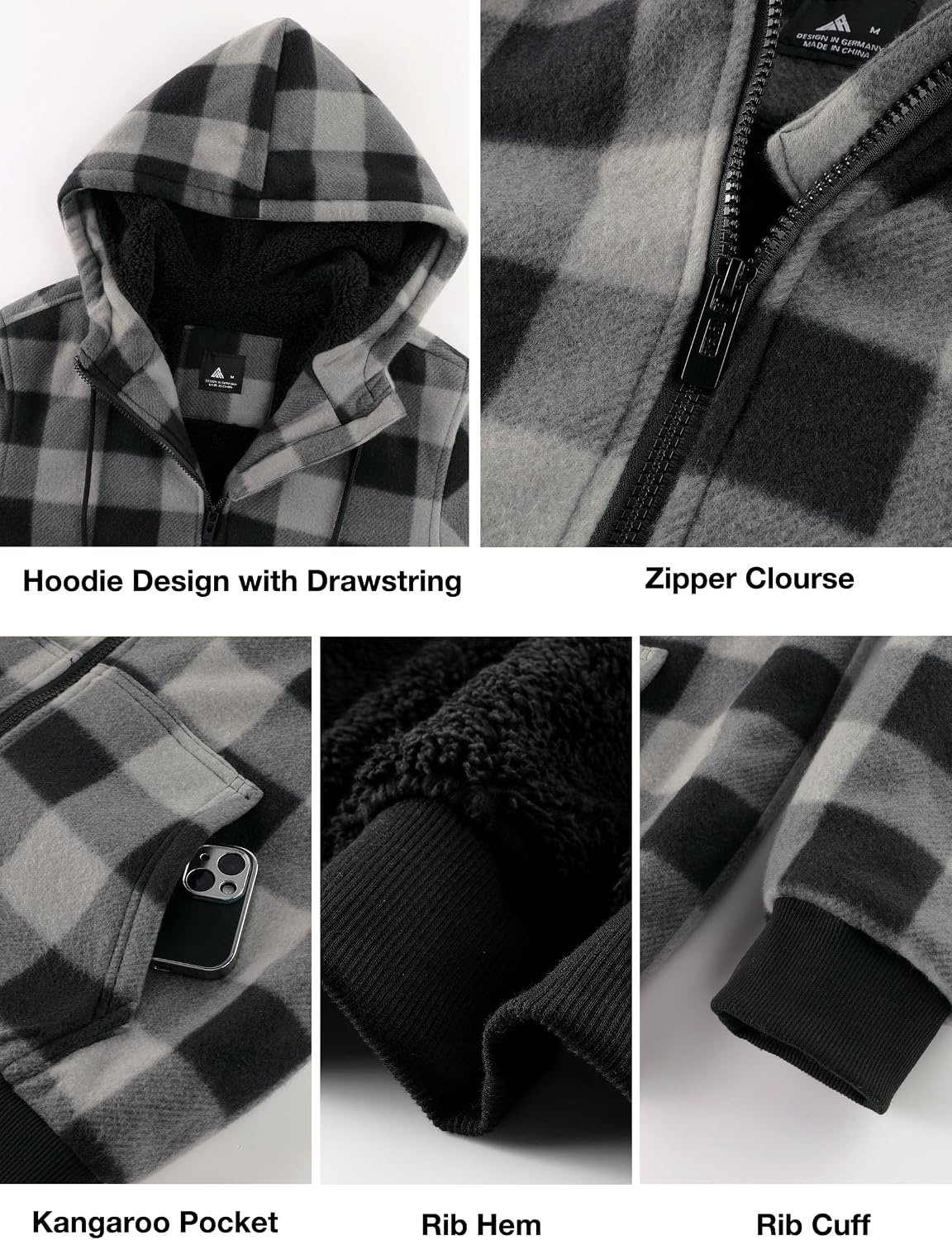 image:imageZITY Hoodies for Men Flannel Fleece Sweatshirt Plaid Zip Sherpa Lined CoatDark Gray