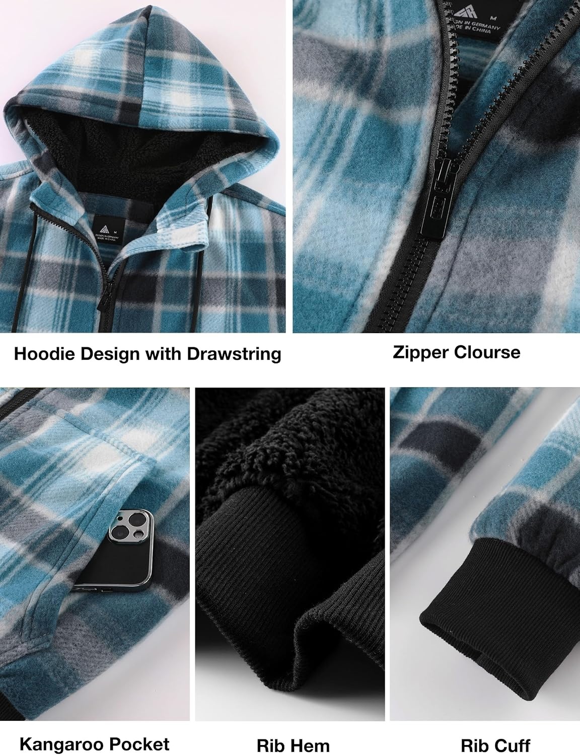 image:imageZITY Hoodies for Men Flannel Fleece Sweatshirt Plaid Zip Sherpa Lined CoatLight Blue White