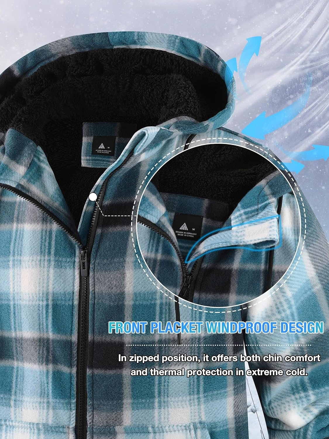 image:imageZITY Hoodies for Men Flannel Fleece Sweatshirt Plaid Zip Sherpa Lined CoatLight Blue White