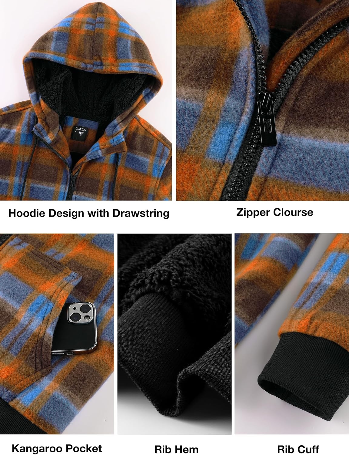 image:imageZITY Hoodies for Men Flannel Fleece Sweatshirt Plaid Zip Sherpa Lined CoatOrange Blue