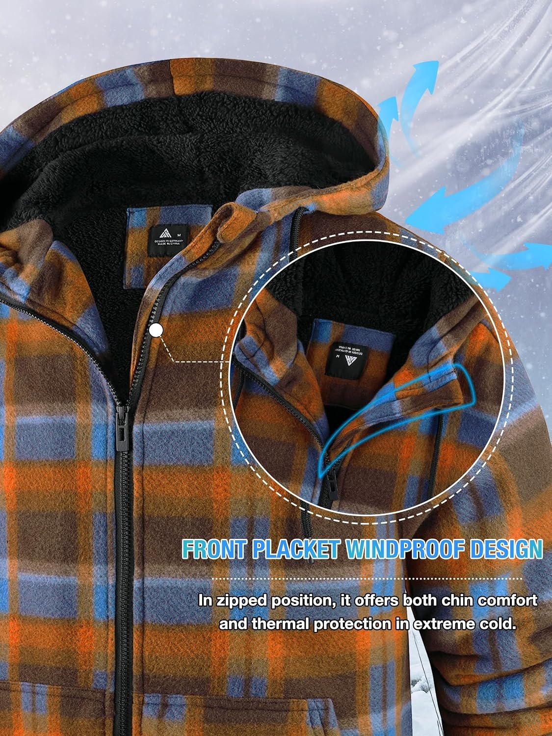 image:imageZITY Hoodies for Men Flannel Fleece Sweatshirt Plaid Zip Sherpa Lined CoatOrange Blue