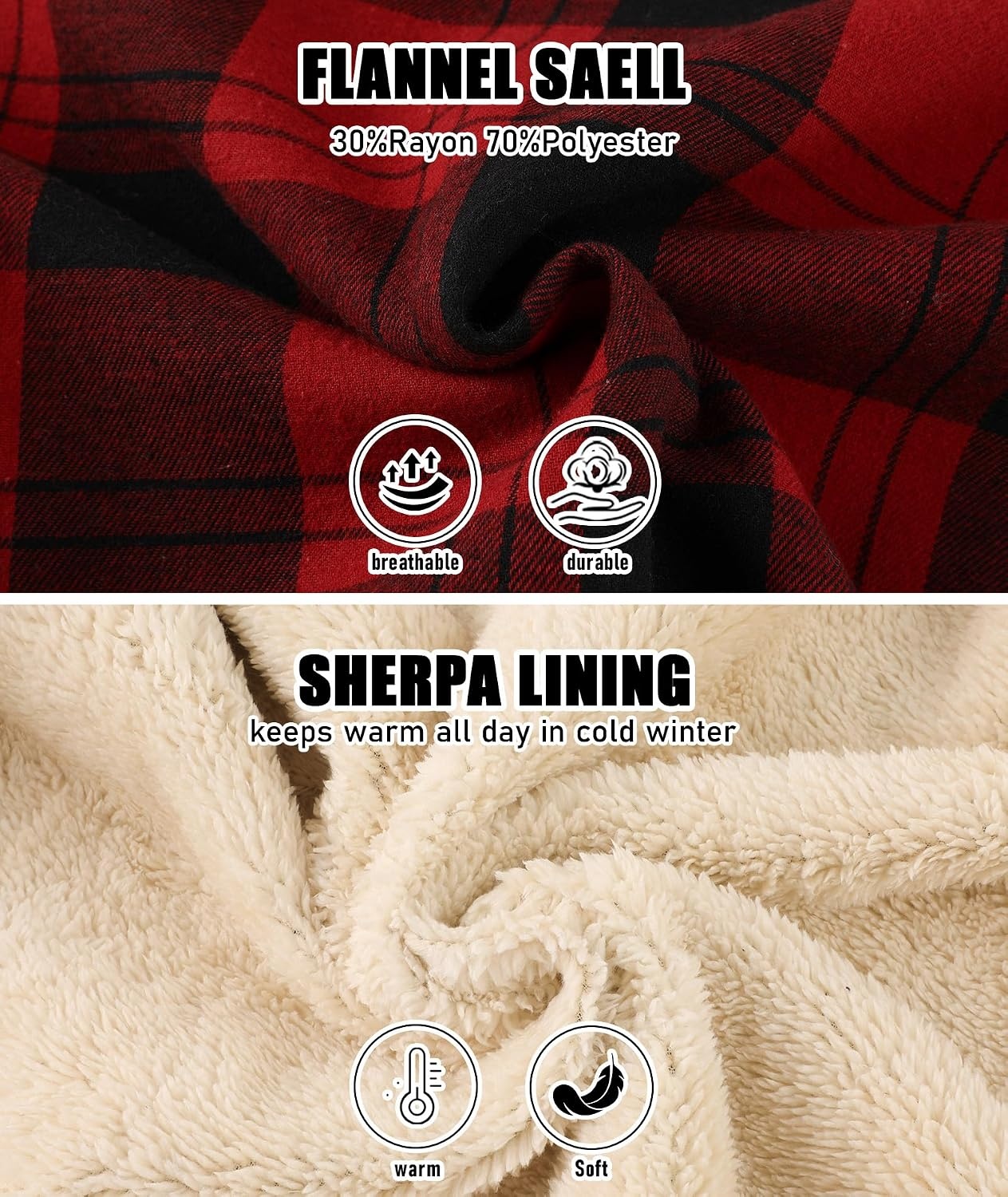 image:imageZITY Mens Flannel Jacket Plaid Zip Up Hoodie Fleece Sherpa Lined SweatshirtBlack Red