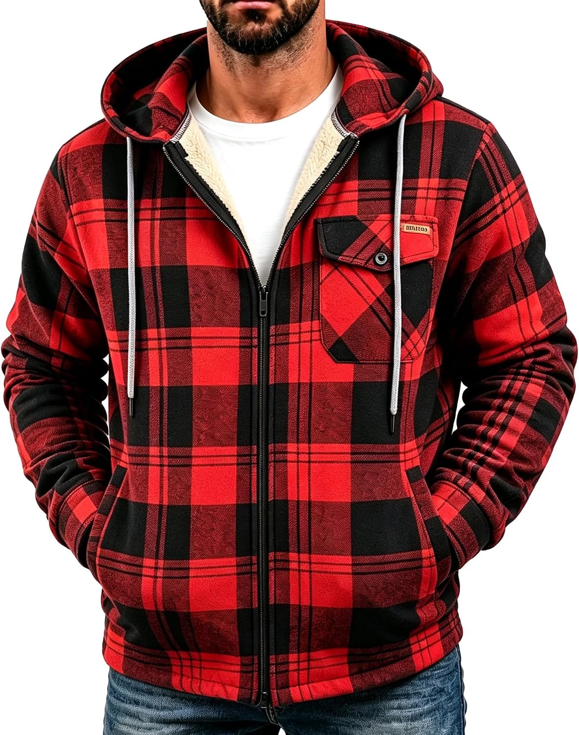 image:imageZITY Mens Flannel Jacket Plaid Zip Up Hoodie Fleece Sherpa Lined SweatshirtBlack Red