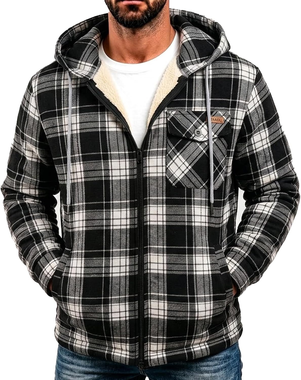 image:imageZITY Mens Flannel Jacket Plaid Zip Up Hoodie Fleece Sherpa Lined SweatshirtBlack White