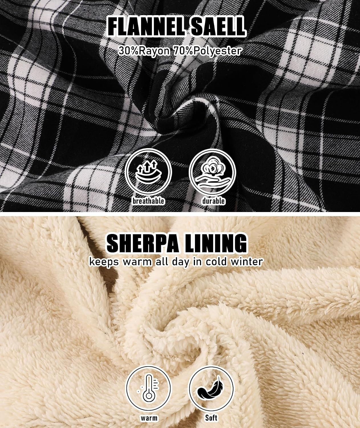 image:imageZITY Mens Flannel Jacket Plaid Zip Up Hoodie Fleece Sherpa Lined SweatshirtBlack White
