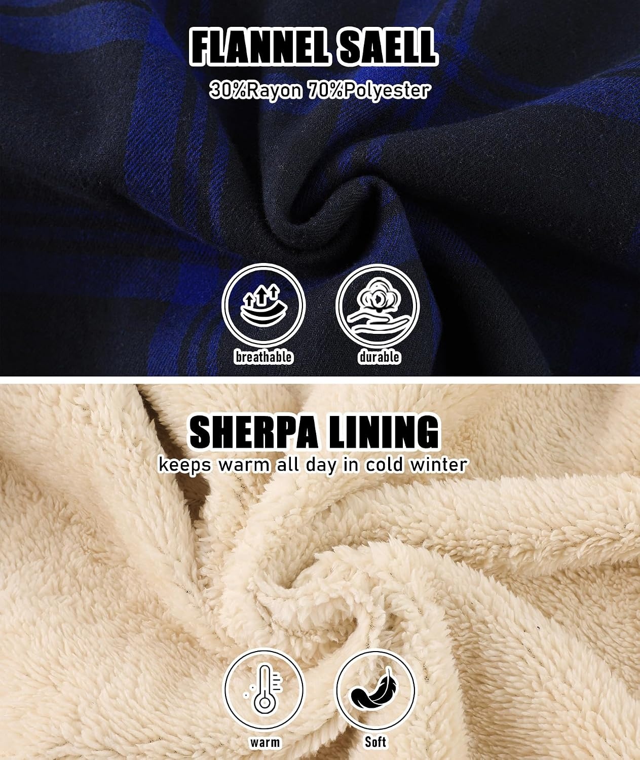 image:imageZITY Mens Flannel Jacket Plaid Zip Up Hoodie Fleece Sherpa Lined SweatshirtBlue Navy