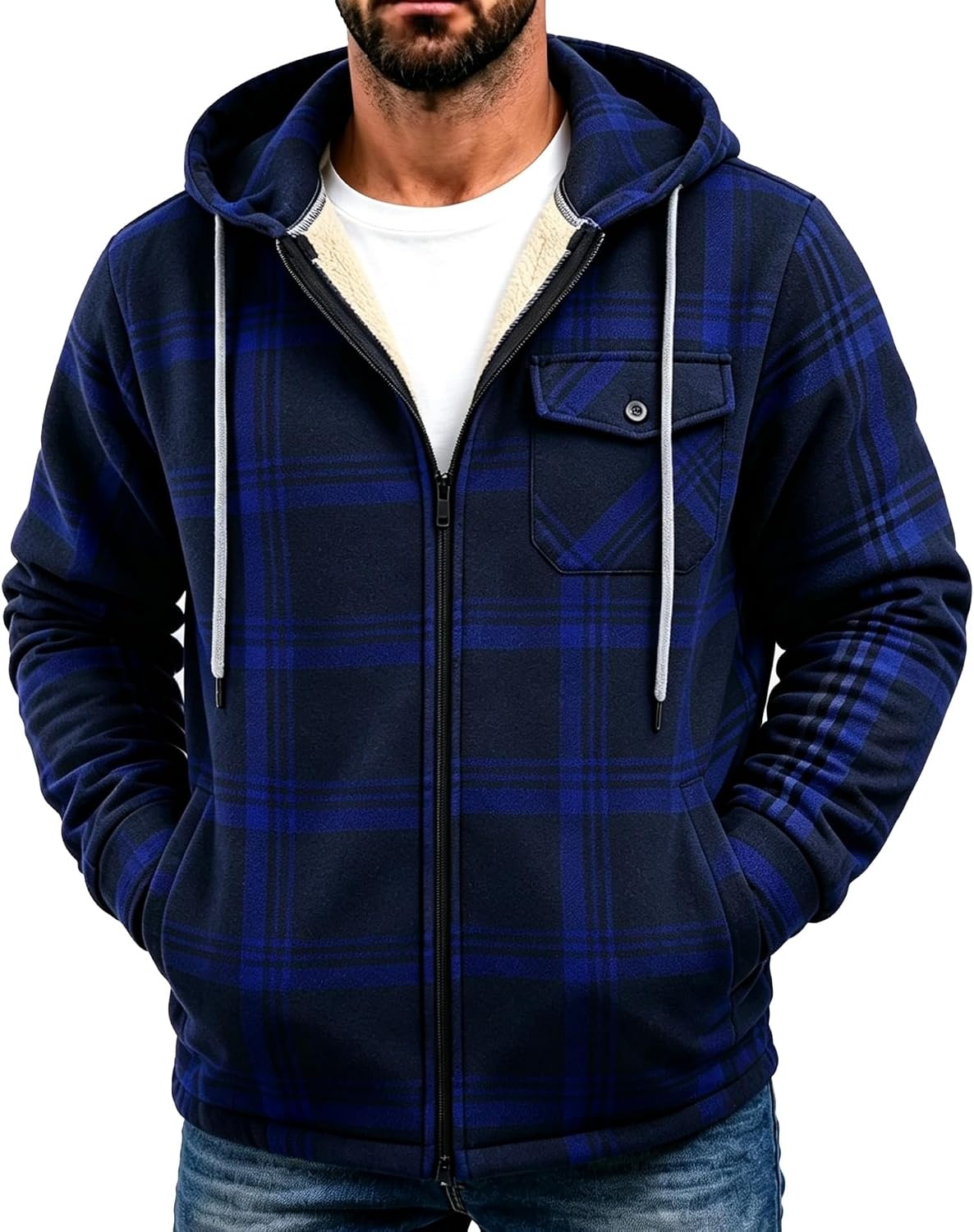 image:imageZITY Mens Flannel Jacket Plaid Zip Up Hoodie Fleece Sherpa Lined SweatshirtBlue Navy