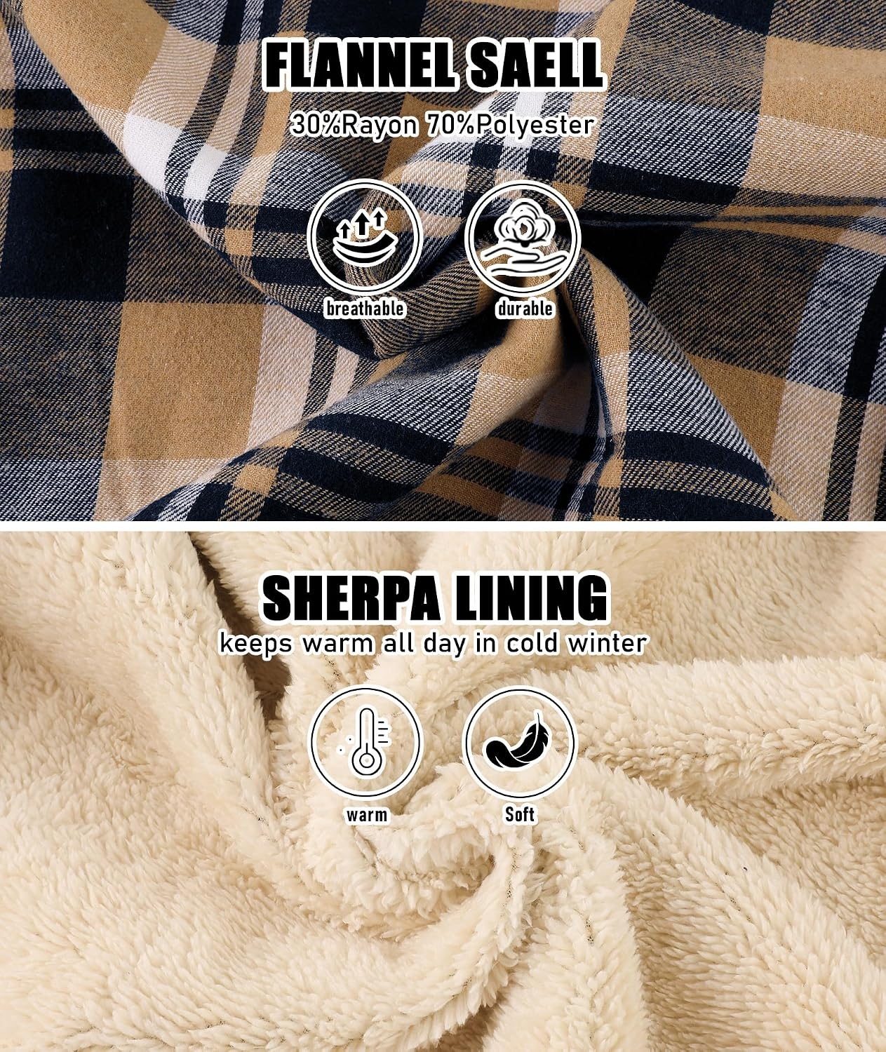 image:imageZITY Mens Flannel Jacket Plaid Zip Up Hoodie Fleece Sherpa Lined SweatshirtDeep Blue Beige