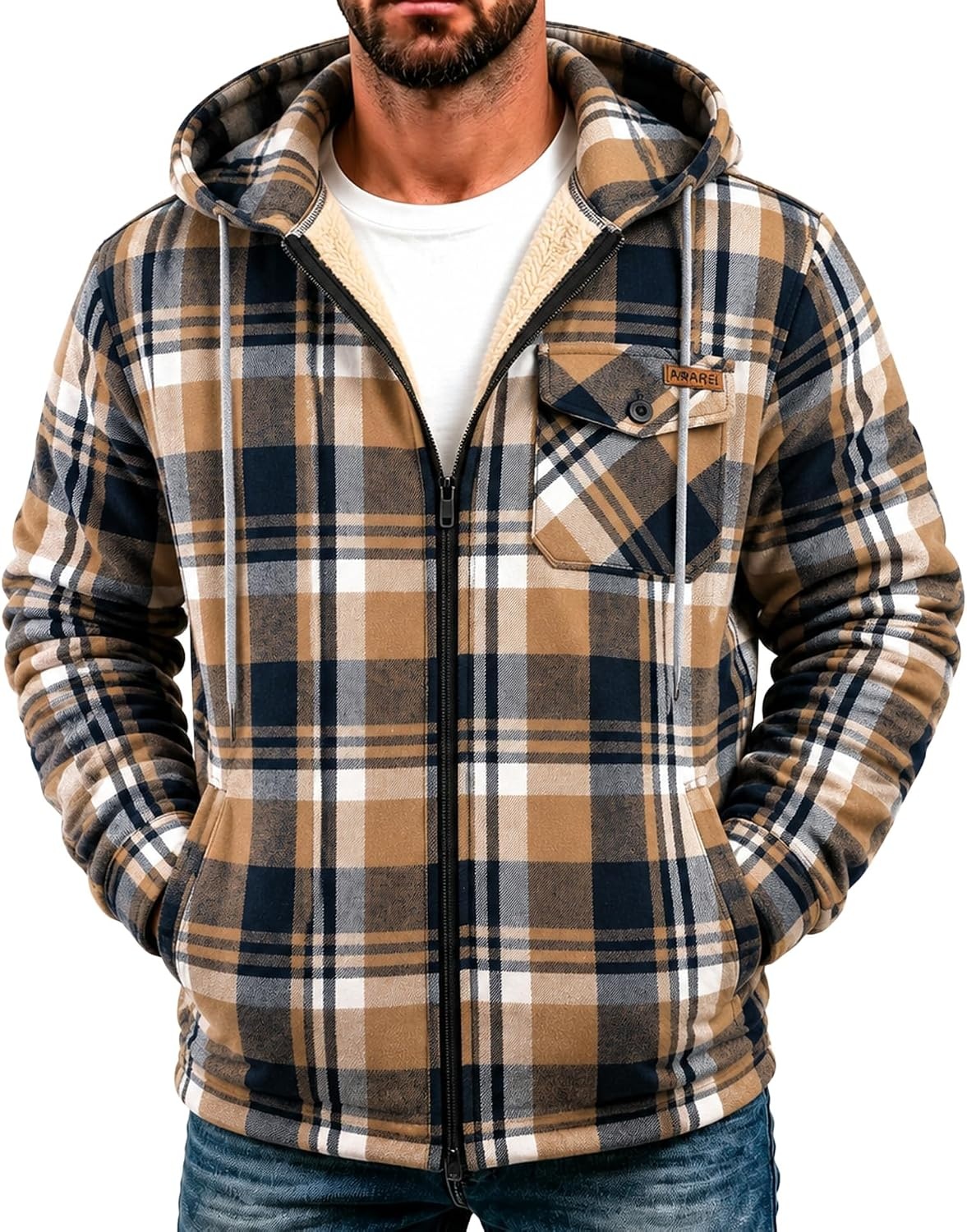 image:imageZITY Mens Flannel Jacket Plaid Zip Up Hoodie Fleece Sherpa Lined SweatshirtDeep Blue Beige